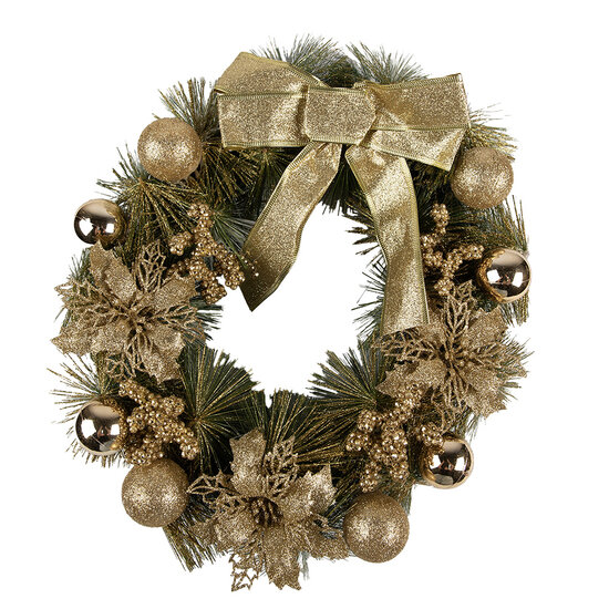 Clayre &amp; Eef | Kerstdecoratie Krans Goudkleurig Groen &oslash; 40x10 cm | 65772