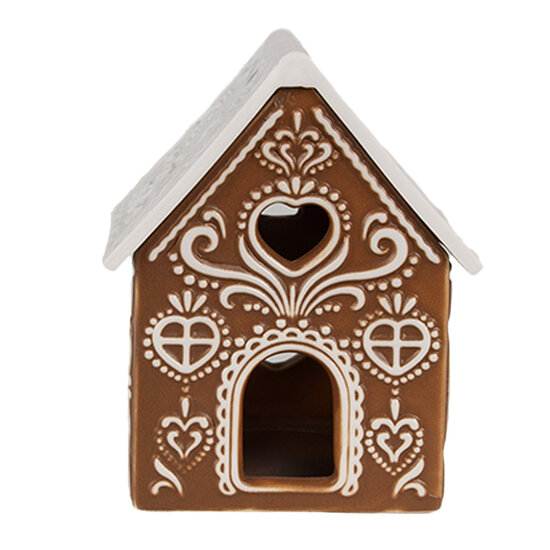 Clayre &amp; Eef | Theelichthouder Kerst Huisje Bruin Wit 7x8x9 cm | 6CE1742