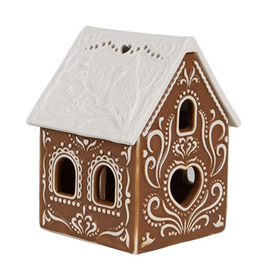 Clayre &amp; Eef | Theelichthouder Kerst Huisje Bruin Wit 7x8x9 cm | 6CE1742