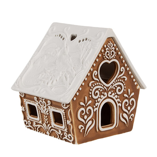 Clayre &amp; Eef | Theelichthouder Kerst Huisje Bruin Wit 9x7x8 cm | 6CE1743