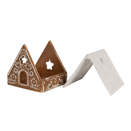 Clayre &amp; Eef | Theelichthouder Kerst Huisje Bruin Wit 8x8x8 cm | 6CE1744