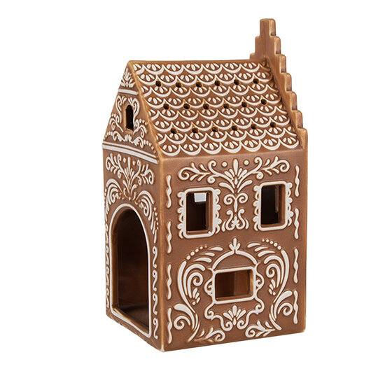 Clayre &amp; Eef | Theelichthouder Kerst Huisje Bruin Wit 7x7x15 cm | 6CE1745