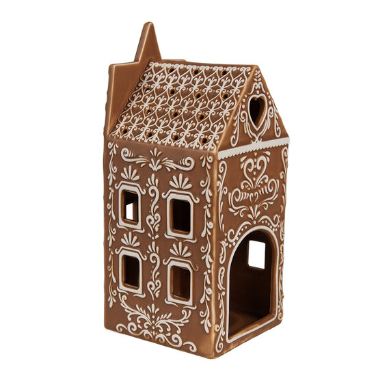 Clayre &amp; Eef | Theelichthouder Kerst Huisje Bruin Wit 7x7x17 cm | 6CE1746