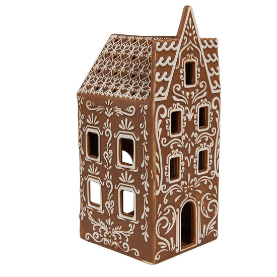 Clayre &amp; Eef | Theelichthouder Kerst Huisje Bruin Wit 7x7x17 cm | 6CE1746