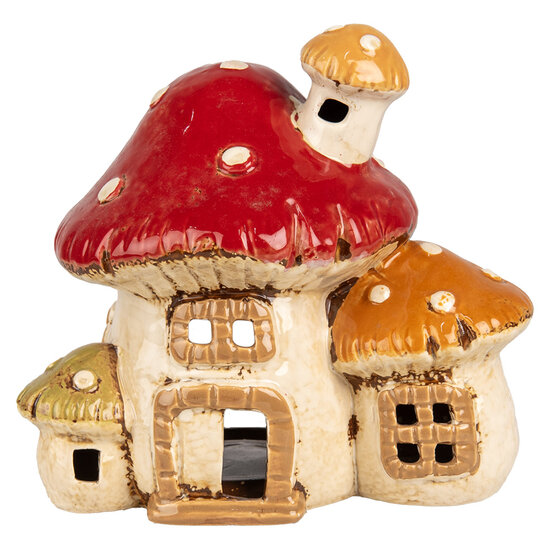 Clayre &amp; Eef | Theelichthouder Kerst Huisje Beige Rood 17x12x16 cm | 6CE1876