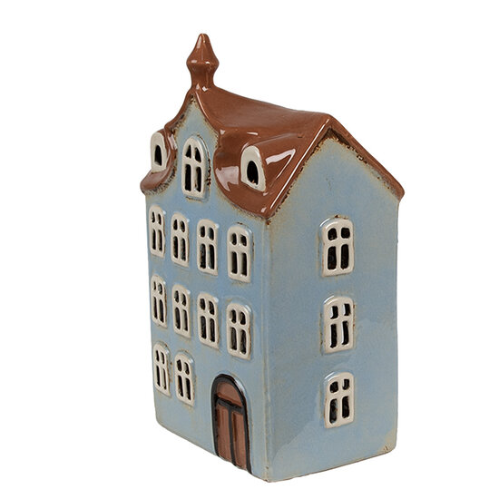 Clayre &amp; Eef | Theelichthouder Kerst Huisje Blauw Bruin 13x9x22 cm | 6CE1882