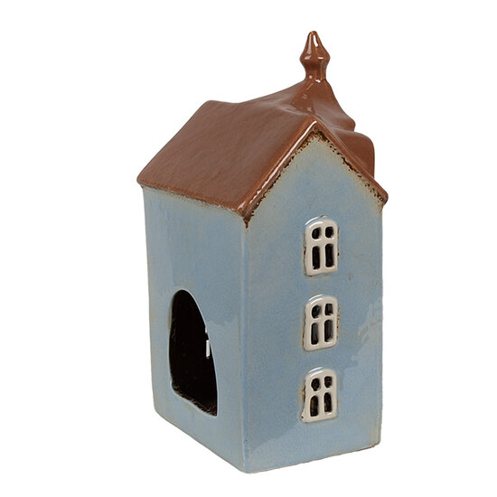 Clayre &amp; Eef | Theelichthouder Kerst Huisje Blauw Bruin 13x9x22 cm | 6CE1882