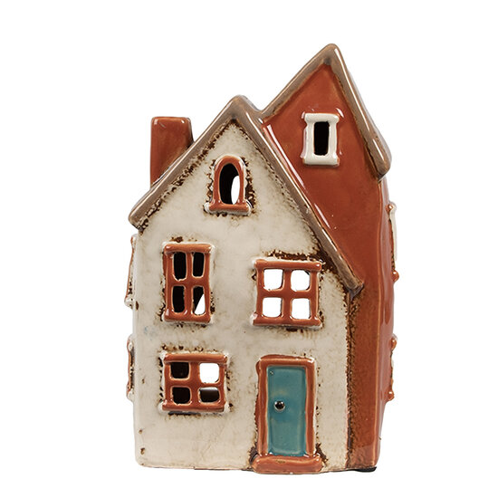 Clayre &amp; Eef | Theelichthouder Kerst Huisje Beige Oranje 13x8x20 cm | 6CE1908