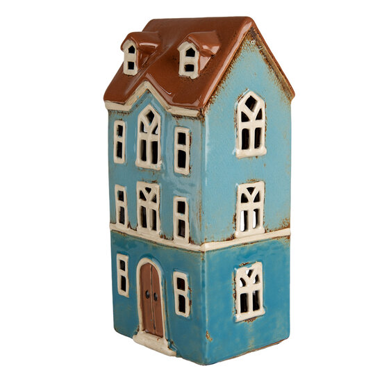 Clayre &amp; Eef | Theelichthouder Kerst Huisje Blauw Bruin 11x9x22 cm | 6CE1915
