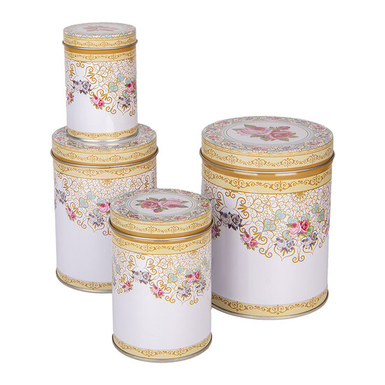 Clayre & Eef | Opbergdoos set van 4 Wit Roze ø 11x14 /ø 9x13 /ø 8x11 /ø 6x9 cm | 6BL0140