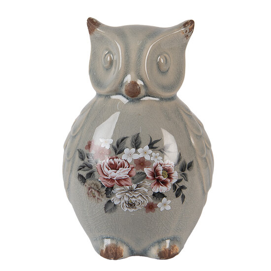Clayre & Eef | Decoratie Beeld Uil Grijs Roze 11x10x17 cm | 6CE1967M