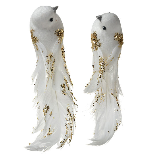 Clayre & Eef | Decoratie Vogel (Set van 2) Wit Goudkleurig 15x8x5 cm | 66145