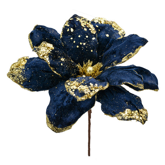Clayre & Eef | Kerstdecoratie Bloem Blauw Goudkleurig ø 24x27 cm | 66149