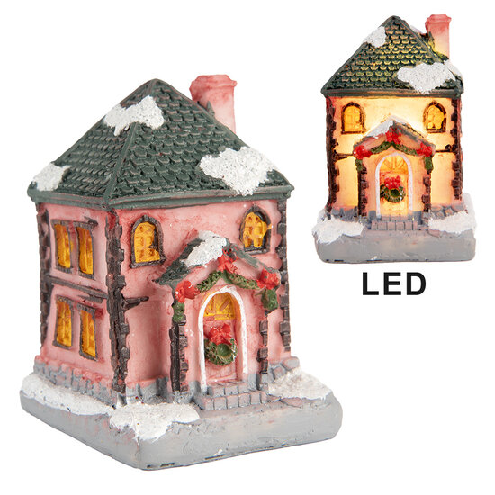 Clayre & Eef | Decoratie Huisje met LED Roze Grijs 4x5x6 cm | 6PR5734