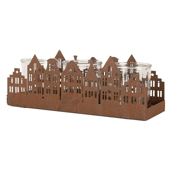 Clayre & Eef | Theelichthouder Kerst Huisjes Bruin 30x9x11 cm | 6Y5783