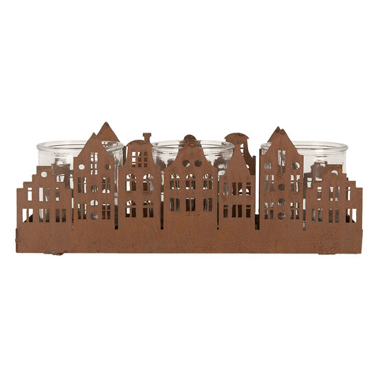 Clayre & Eef | Theelichthouder Kerst Huisjes Bruin 30x9x11 cm | 6Y5783