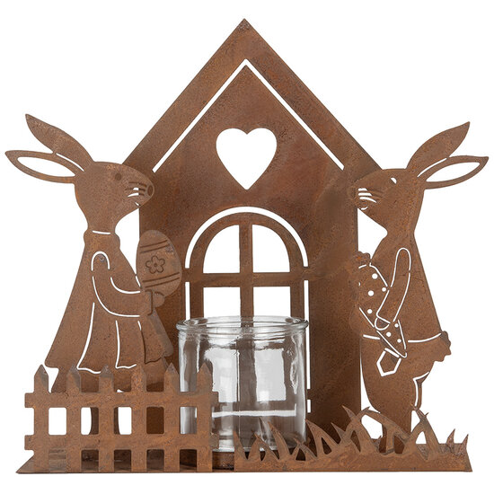 Clayre & Eef | Theelichthouder Huisje met konijnen Bruin 26x9x26 cm | 6Y5786