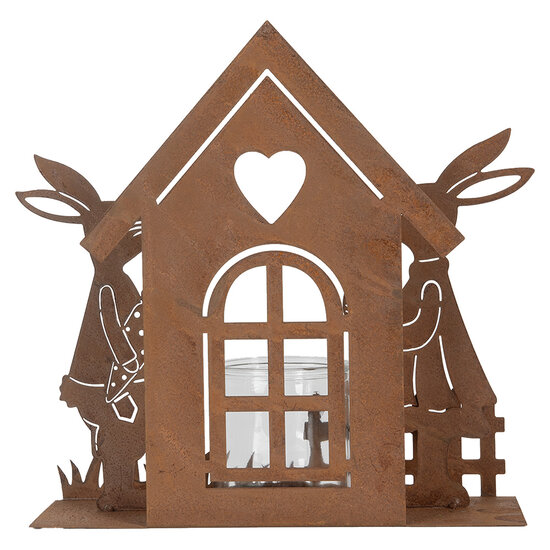 Clayre & Eef | Theelichthouder Huisje met konijnen Bruin 26x9x26 cm | 6Y5786