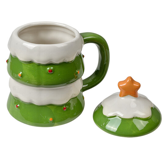 Clayre & Eef | Mok met deksel Groen Beige 13x9x16 cm / 350 ml | 6CEMU0192