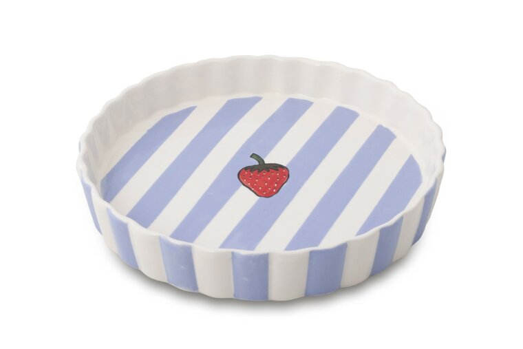Quicheschaal taartvorm Fruity Strawberry serveerschaal handgemaakt Ø 24 rond blauw wit | QU.ST.30 | Dishes & Deco