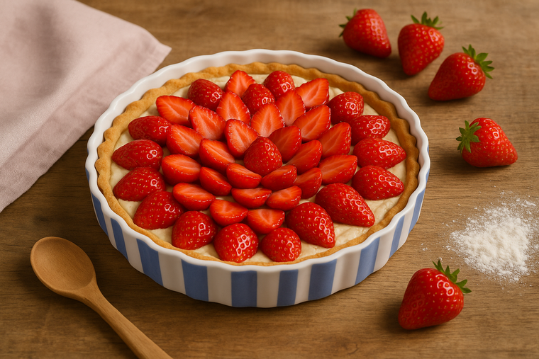 Quicheschaal taartvorm Fruity Strawberry serveerschaal handgemaakt Ø 24 rond blauw wit | QU.ST.30 | Dishes & Deco