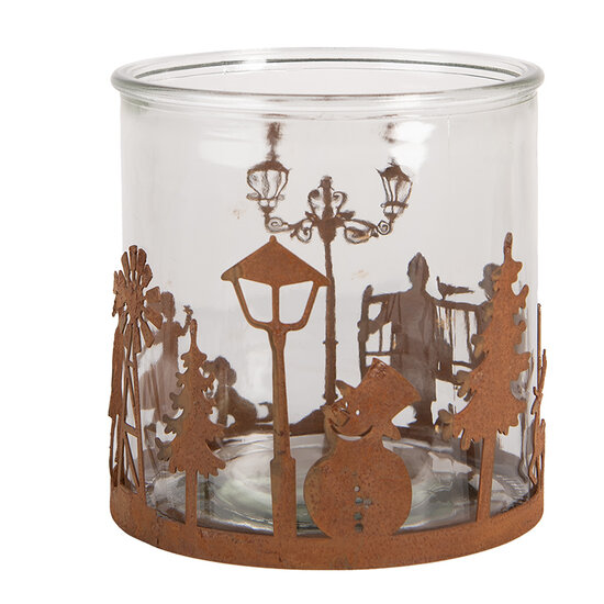 Clayre & Eef | Theelichthouder Kersttafereel Bruin ø 15x15 cm | 6Y5938