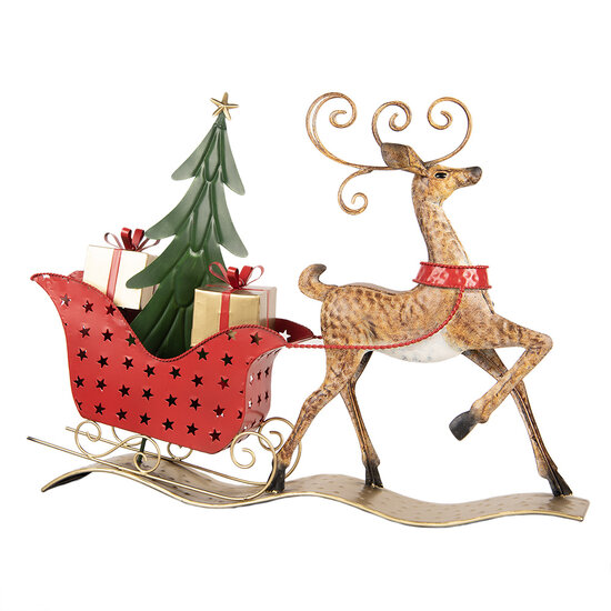 Clayre & Eef | Decoratie Rendier met slee Bruin Rood 68x11x50 cm | 5Y1302