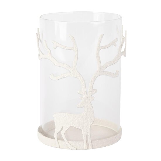 Dekoratief | Theelichthouder m/hert, wit/transparant, metaal/glas, 11x11x15cm | A255095