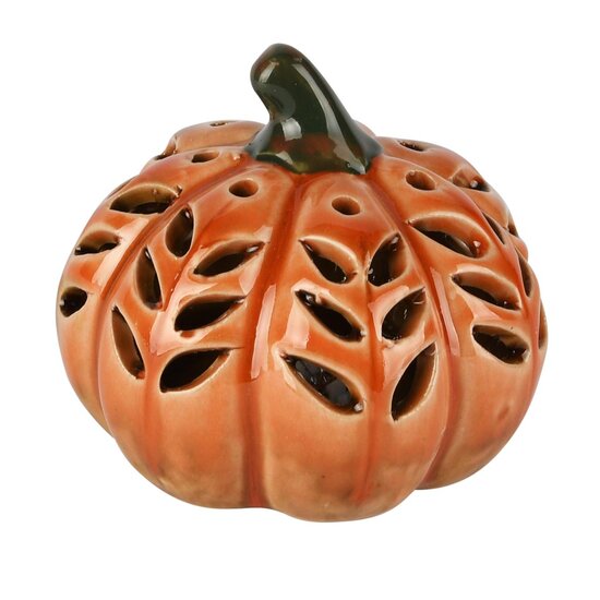 Dekoratief | Deco pompoen, oranje/groen, porselein, LED, 9x9x8cm | A255118