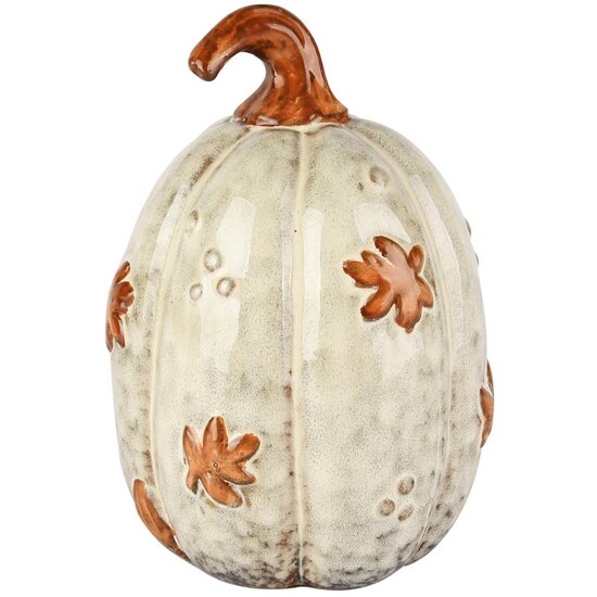 Dekoratief | Deco pompoen m/blaadjes, wit/oranje, porselein, 12x11x16cm | A255121