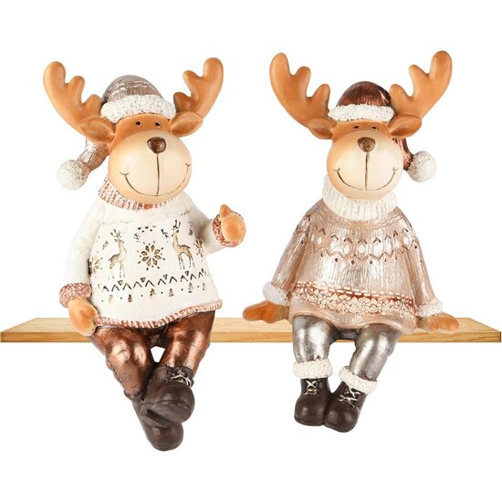 Dekoratief | Rendier zittend m/kerstmuts, wit/brons, resina, 11x11x18cm, set van 2 stuks | A255220