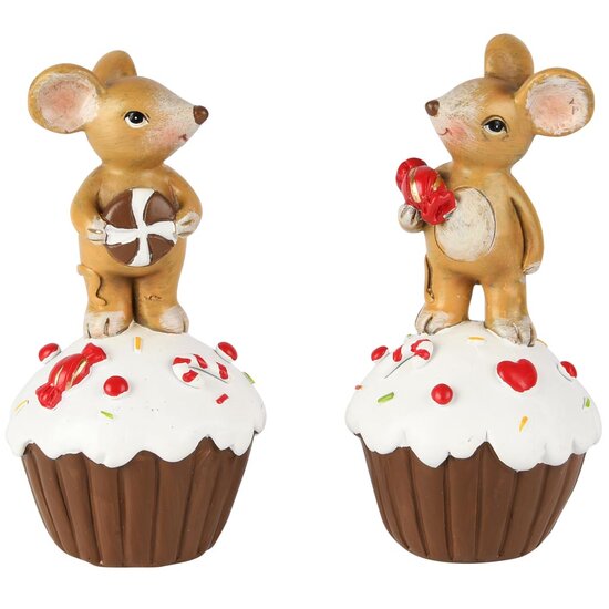 Dekoratief | Muisje staand op cupcake, bruin/wit, resina, 7x7x13cm, set van 2 stuks | A255226