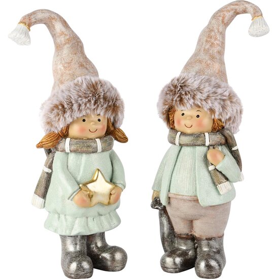 Dekoratief | Winterkindje staand, beige/blauw, resina, 10x7x28cm, set van 2 stuks | A255231