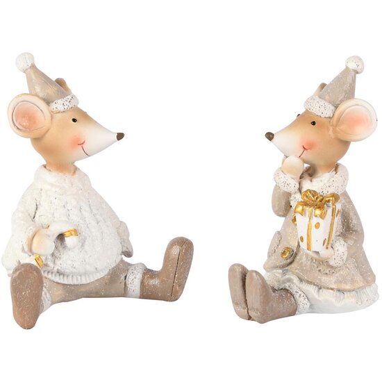 Dekoratief | Muisje zittend m/cadeautje, wit/beige, resina, 8x6x9cm, set van 2 stuks | A255232