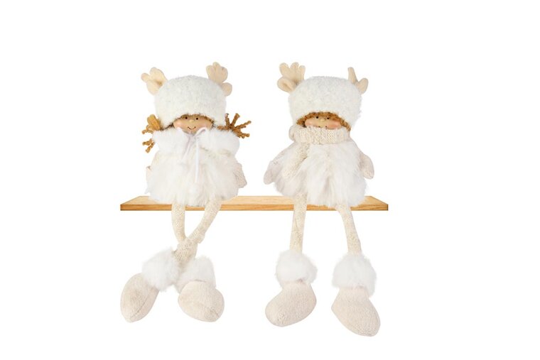 Dekoratief | Winterkindje m/hangbeentjes, wit, stof/resina, 11x6x30cm, set van 2 stuks | A255236