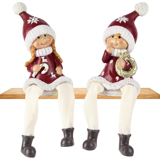 Dekoratief | Winterkindje m/hangbeentjes, bordeaux/wit, resina, 7x5x19cm, set van 2 stuks | A255242