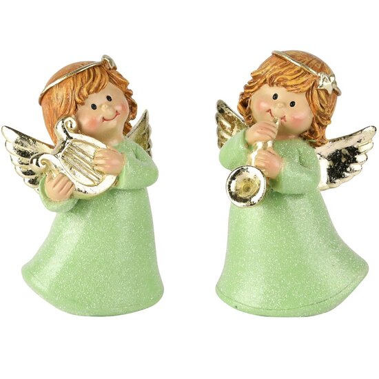 Dekoratief | Engeltje staand m/instrument, groen, resina, 7x5x11cm, set van 2 stuks | A255243