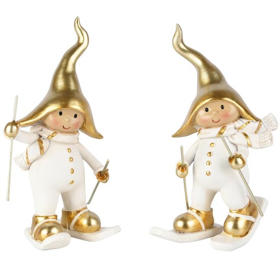 Dekoratief | Winterkindje op ski's, wit/goud, resina, 8x7x12cm, set van 2 stuks | A255245