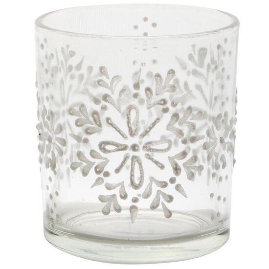 Dekoratief | Theelichthouder &#039;Winter Flake&#039;, transparant/wit, glas, 7x7x8cm | A255289
