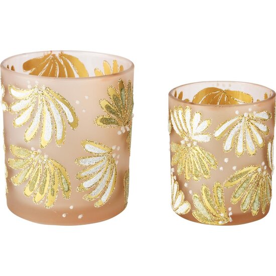 Dekoratief | Set 2 theelichthouders &#039;Glitter Fan&#039;, roze/goud, glas, 9x9x10cm | A255290