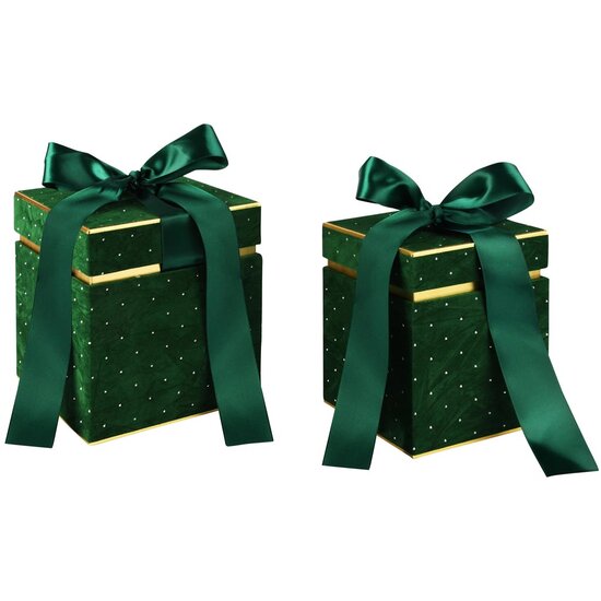 Dekoratief | Set 2 dozen vierkant m/striklint, groen/goud, velvet/karton, 16x16x17cm | A255303