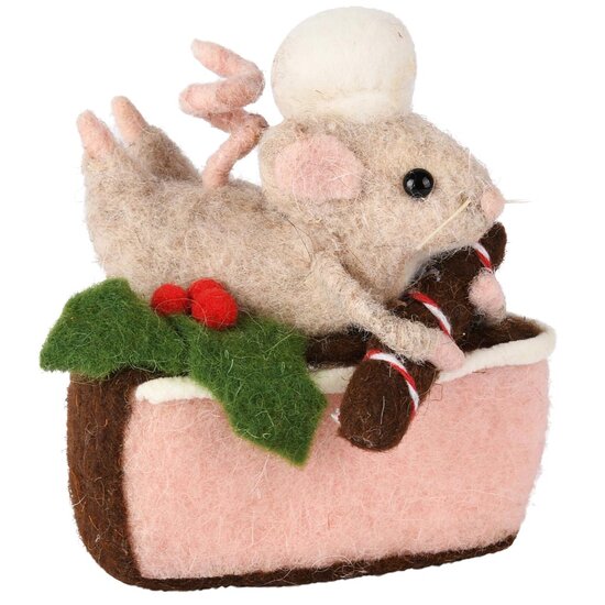 Dekoratief | Gebakje m/muis liggend, roze/bruin, stof, 5x9x8cm | A255335