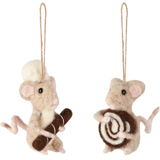 Dekoratief | Hanger muis m/gebakje, roze/bruin, stof, 5x5x9cm, set van 2 stuks | A255337