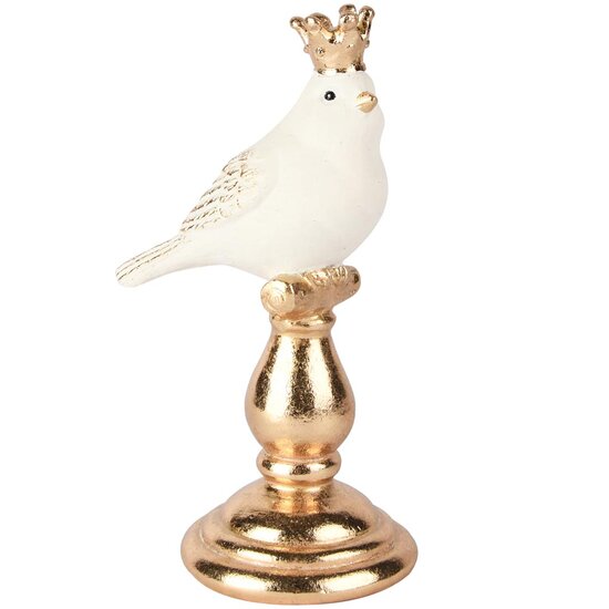 Dekoratief | Vogel op sokkel m/kroon, wit/goud, resina, 11x8x18cm | A255413