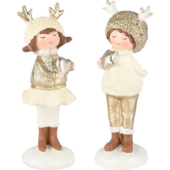 Dekoratief | Winterkindje staand m/ster/hartje, wit/goud, resina, 6x6x16cm, set van 2 stuks | A255419