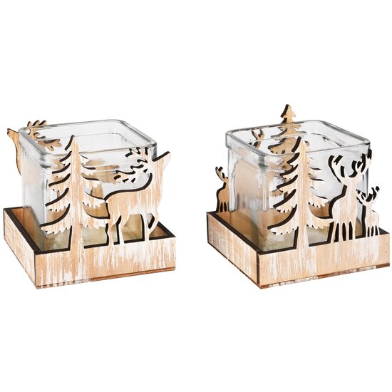 Dekoratief | Theelichthouder m/herten, naturel, glas/hout, 9x9x8cm, set van 2 stuks | A255456
