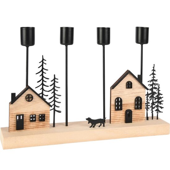Dekoratief | Kaarsenhouder m/huisjes/hond, hout/metaal, 28x5x18cm | A255466