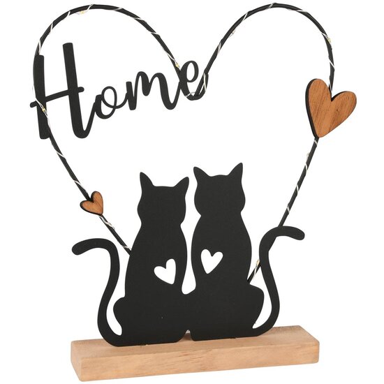 Dekoratief | Deco poezen in hart 'Home', zwart, metaal, LED, 24x4x27cm | A255472
