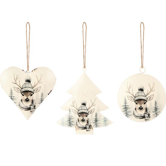 Dekoratief | Hanger hartje/boompje/bal &#039;Winter Deer&#039;, metaal, 12x14x1cm, set van 3 stuks | A255477