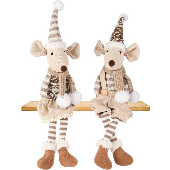 Dekoratief | Muisje zittend m/hangbenen, beige/wit, stof, 8x5x43cm, set van 2 stuks | A255488